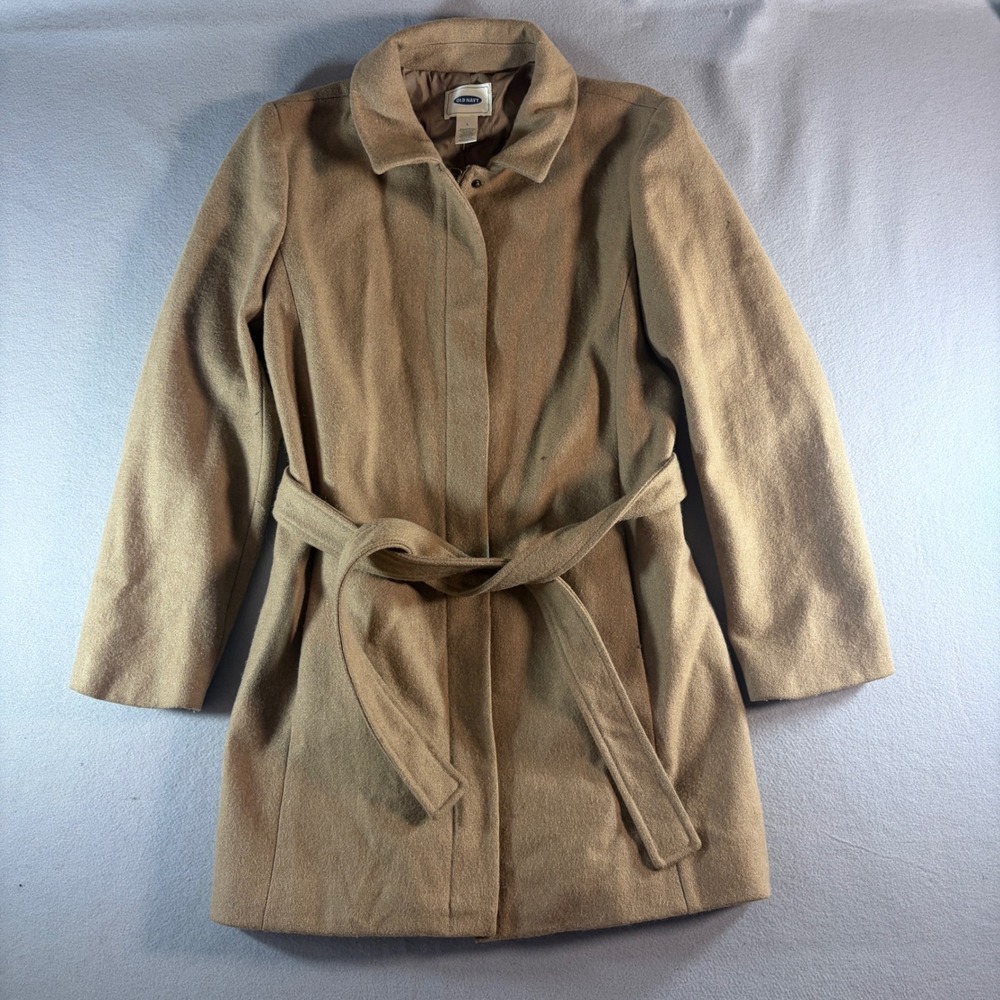 Old Navy Mens Recycled Wool Blend Belted Trench Coat Tan Camel Large RN 54023
